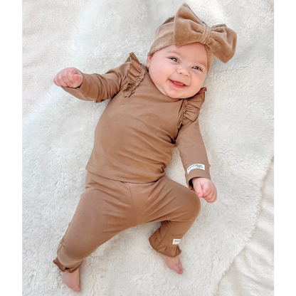May Mays baby legging Nova ruffle taupe