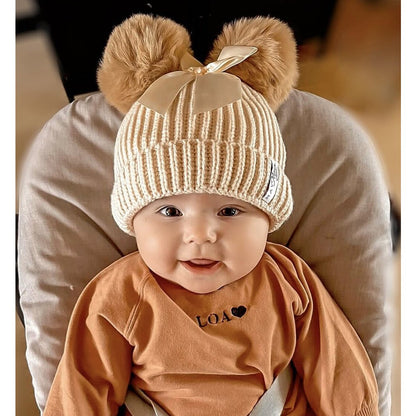 May Mays wintermutsje Claire gebreid beige pompoms